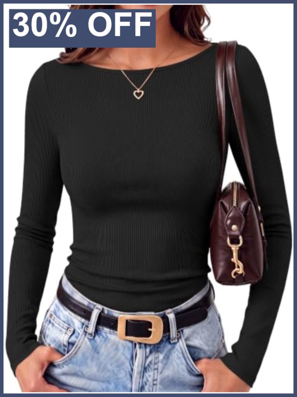 Ribbed Boat Neck Long Sleeve Fitted T-Shirt Slim Fall Top